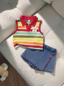 SHEIN Elladie kids 2件組少女夏季杏色紋理針織領拼接愛心背心上衣與牛仔裙褲，荷葉邊下擺櫻桃刺繡復古套裝 - 紅色 - 查看 5