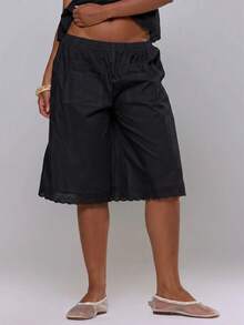 MUSERA Broderie Lace Trim Oversized Basic Casual Low Rise Shorts Spring Summer Vacation Holiday Ibiza Boho Elegant Lounge Travel Black Everyday Home - Black - View 1