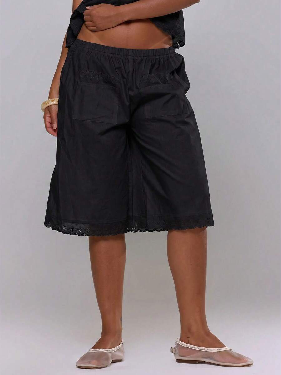 MUSERA Broderie Lace Trim Oversized Basic Casual Low Rise Shorts Spring Summer Vacation Holiday Ibiza Boho Elegant Lounge Travel Black Everyday Home - Black - View 1