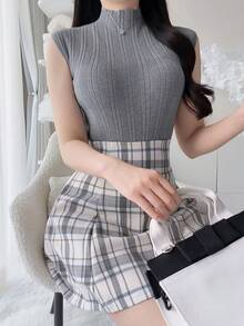 FRIFUL Women's Solid Color Stand Collar Slim Fit Versatile Daily Knit Top Summer Office Dark Grey Basic - Grey - View 6