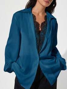 Aveloria Modichic French Commuter Style Loose Straight Fit Lapel Contrast Color Lace Trim 2 In 1 Satin Teal Blue Long Sleeve Blouse Elegant Casual Women's Shirt - Blue - View 5
