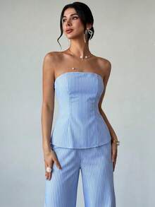 Firerie Women's Blue And White Stripe Bandeau Top And Elastic Waist Long Pants Set, Casual Coastal Hawaiian, Daily Minimalist Vacation, Spring/Summer Elegant - Blue and White - View 6