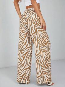SHEIN PETITE 女款時尚動物印花斑馬紋寬腿褲 - 卡其色 - 查看 2