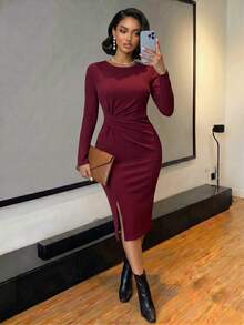 SHEIN Lady Burgundy Wine Red Ruched High Neck Long Sleeve Bodycon Midi Dress Front Slit Twist Stretchy Elegant Date Night Engagement Cocktail Fall Winter Dress - Burgundy - View 4