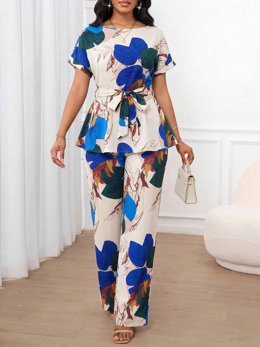 SHEIN Lady 女款葉脈印花腰部打結上衣與長褲休閒日常兩件套 - 藍色 - 查看 1