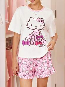 HELLO KITTY AND FRIENDS | SHEIN Women's Cartoon Print Short Sleeve Top And Shorts Pajama Set - Baby Pink - View 3