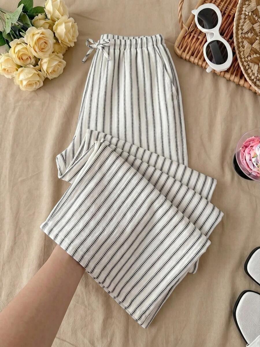 SHEIN Teen Girls Pants Summer Vacation Woven Striped Long Pants, Casual Versatile - Black and White - View 1