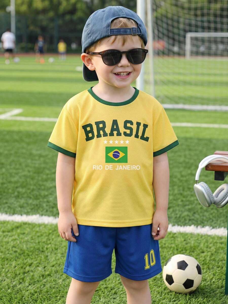 SHEIN 2pcs Kids Young Boy Summer Casual Sports Football Set Brazil Jersey Yellow Top Blue Shorts World Cup Boys Soccer Uniform Sports Outfit - Multicolor - View 1