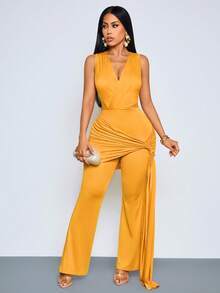 SOLERSUN Women Solid Yellow Deep V Neck Bodycon Jumpsuit, Sleeveless Wrap Ruched Side Drape High Rise Flared Leg Party Jumpsuit - Yellow - View 5