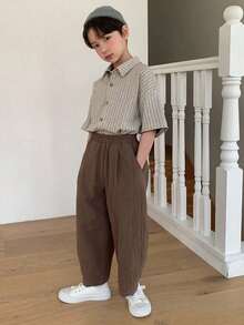 DAZY Tween Boy Solid Color Elastic Waist Pockets Loose Tapered Casual Pants - Brown - View 3