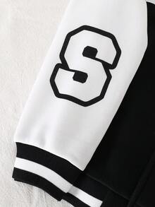 SHEIN Casuvi Kids 男童休閒學院風印花棒球開襟夾克外套，適合休閒、運動、校園穿著 - 黑色 - 查看 4