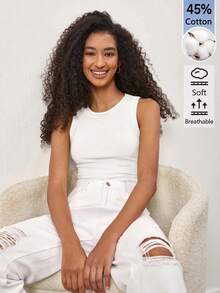 SHEIN BASICS 女款時尚百搭純色圓領細肩帶背心上衣，黑色女款上衣 - 白色 - 查看 5