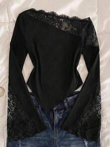 SHEIN Tween Girl Tween Girls Solid Color Lace Patchwork Flared Sleeve Asymmetric T-Shirt - Black - View 1