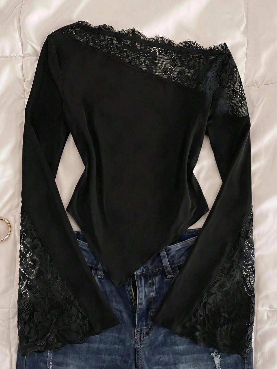 SHEIN Tween Girl Tween Girls Solid Color Lace Patchwork Flared Sleeve Asymmetric T-Shirt - Black - View 1