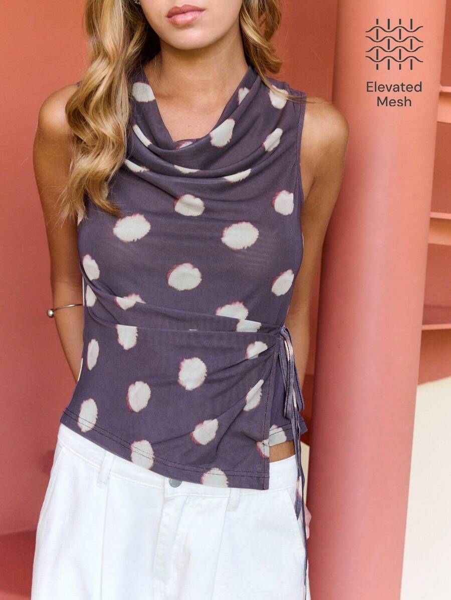 Nöista Printed Polka Dot Mesh Top With Cowl Neck And Side Tie For Parties And Summer Styling. - Chocolate Brown - View 1
