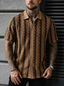 Manfinity Homme Men's Casual Striped Short Sleeve Shirt, Summer - Coffee Brown - View 6