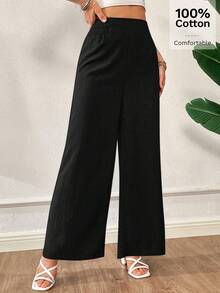 Siren Gaze Pantalones largos sueltos de cintura elástica de unicolor para mujer, adecuados para salidas diarias, reuniones, actividades al aire libre, desplazamientos, ropa de calle, vacaciones - Negro - Ver 5
