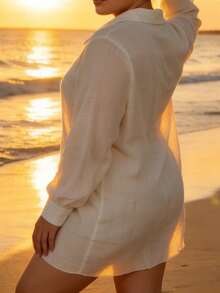 SHEIN Swim 大尺碼女款極簡街頭風 Filipiniana 純色單排扣長袖和服式開襟衫 度假海灘白色夏季款 - 白色 - 查看 3