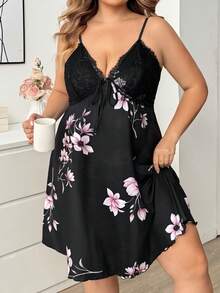 SHEIN CURVE+ 性感蕾絲拼接仿絲印花細肩帶洋裝 大尺碼 - 黑色 - 查看 6