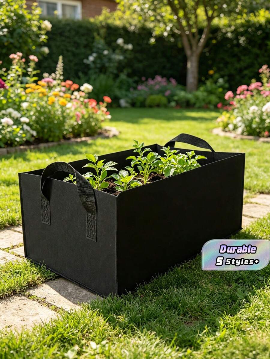 Black Rectangular Felt Grow Bag With Sturdy Handles, Thick Breathable Non-Woven Vegetable Growth Bag, Reusable Foldable Garden Nutrient Planter Bag For Balcony Patio Herbs Tomatoes - Black - View 1