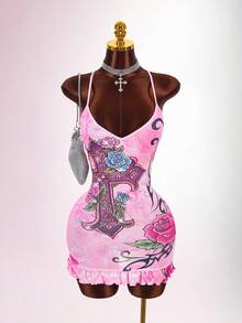 Bumpella Women's Floral Cross Pattern Sexy Date Party Mini Cami Dress - Pink - View 4