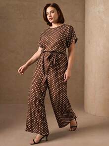 SHEIN Clasi 大尺碼夏季休閒波點印花連身褲 - 鏽棕色 - 查看 3
