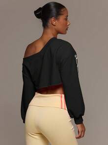 MUSERA V Neck Slouchy Off The Shoulder Printed Graphic Cuffed Balloon Sleeve Cropped Sweatshirt Cute Everyday Daily Lounge Airport Holidays Summer Altitude - Black - View 4
