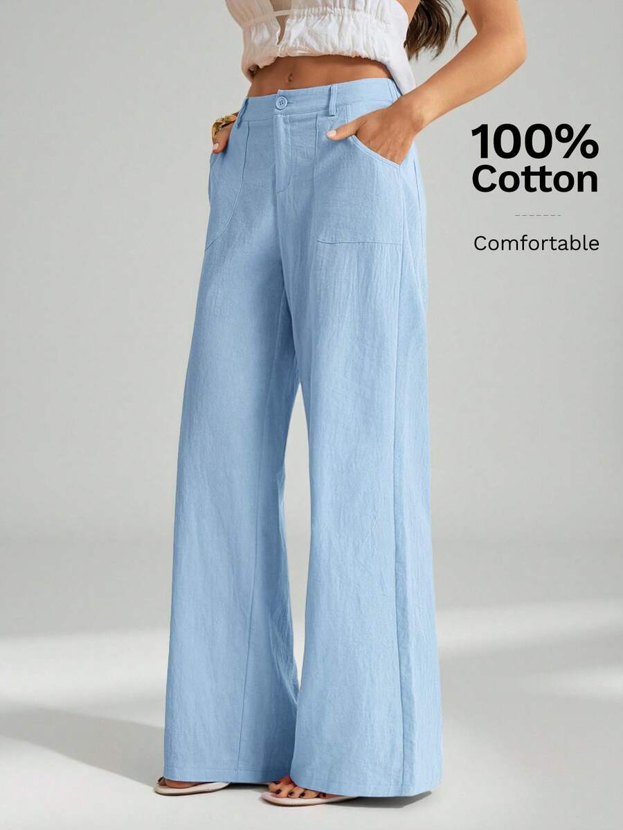 SHEIN Tall 100%水洗棉低腰直筒長褲 - 淺藍色 - 查看 1