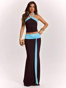 SHEIN BAE Dark Brown Color Block Tie Front Long Skirt, Vacation Style Sexy, Spring/Summer Club Night - Coffee Brown - View 7