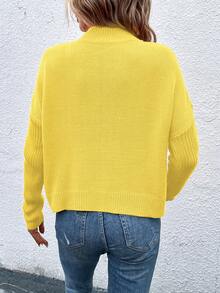 SHEIN LUNE 女款純色立領長袖不對稱下擺套頭毛衣 - 黃色 - 查看 2
