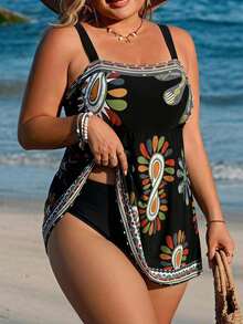 SHEIN CURVE+ Summerbeach Plus Size Women's Abstract Print High Waist Cami Ruffle Top And Bottom Bikini Set - Black - View 5