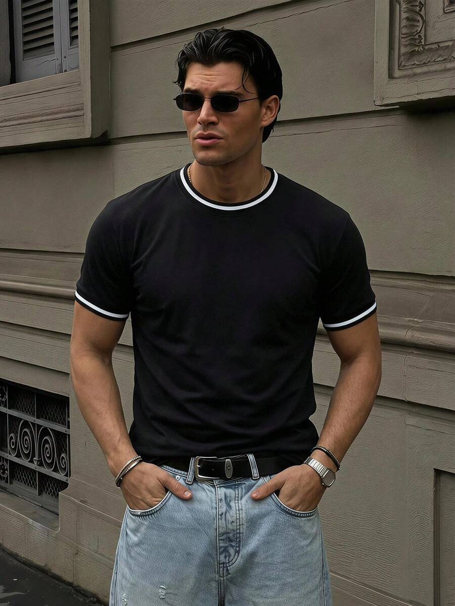 DAZY Black Short Sleeve Ribbed Collar Contrast Color Design Slightly Loose Fit Men's T-Shirt - Black - View 1