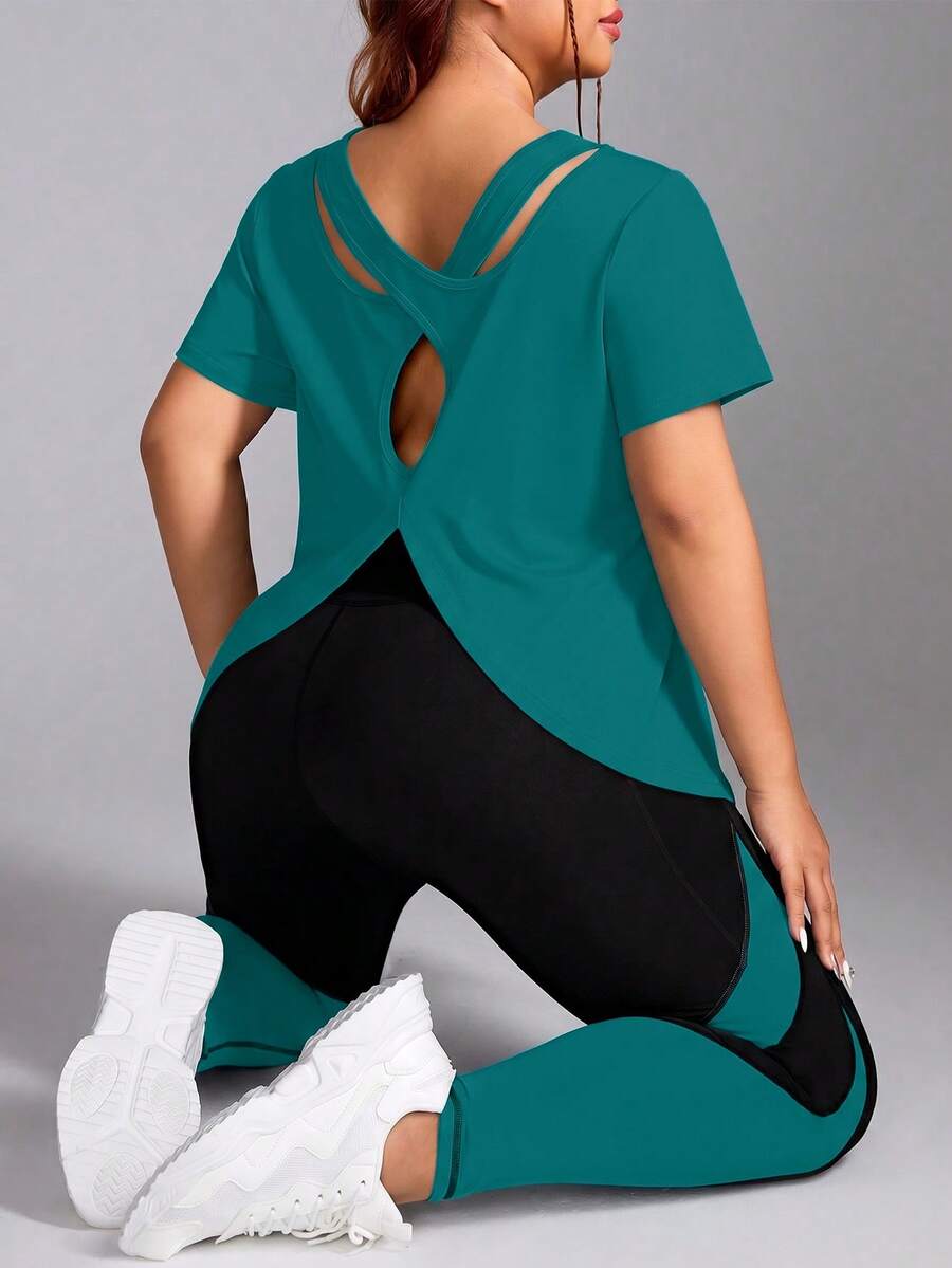 SHEIN Rhythm Era Women's Plus Size Short Sleeve Round Neck Sports Set Gym Sports Teal Summer - Olive Green - View 1