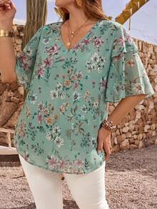 EMERY ROSE Plus Size Women's V-Neck Floral Print Casual Versatile Daily Wear Blouse - Mint Green - View 4