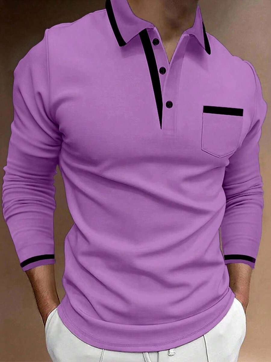 Manfinity Homme Men's Versatile Business Button Half-Placket Pocket Long Sleeve Polo Shirt - Violet Purple - View 1