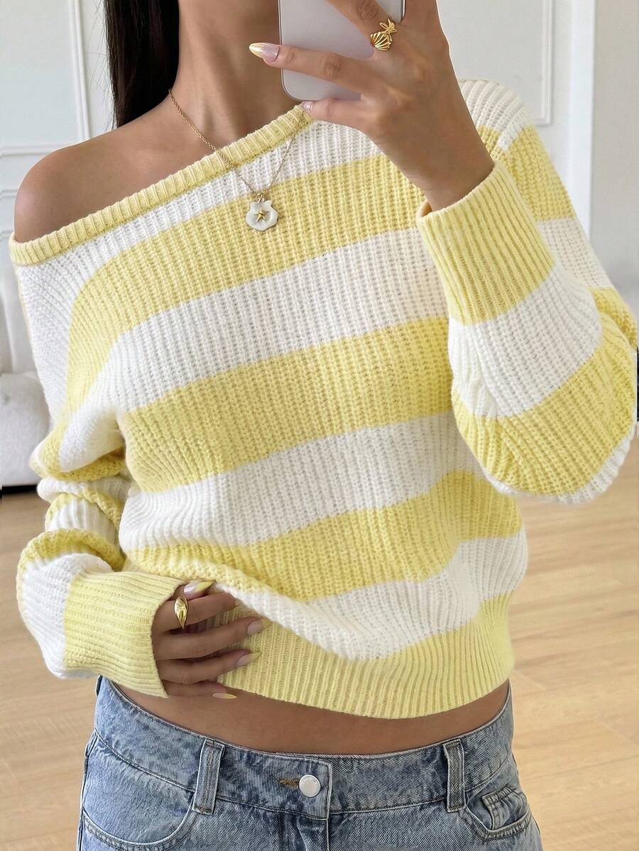 SHEIN 女童秋冬休閒居家條紋拼接方領套頭寬鬆落肩長袖針織衫 - 黃色 - 查看 1