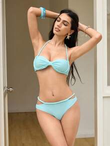 SHEIN Ensemble bikini à bretelles spaghetti bleu menthe d'été pour femmes, avec design de bordure tressée, ensemble bikini deux pièces sexy, style de célébrité à la mode pour les vacances à la plage - Bleu lagon - Voir 3