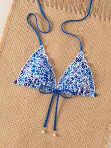 Swim Mod 女款夏季新款海灘泳裝度假風甜美可愛荷葉邊綁帶三角網格花卉布料性感露背泳衣上衣 - 彩色 - 查看 6
