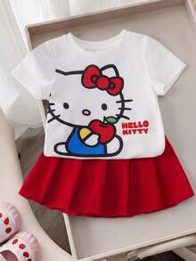 HELLO KITTY AND FRIENDS | SHEIN 女嬰卡通印花T恤與百褶裙套裝 - 紅色 - 查看 3