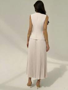 Aloruh Women's Elegant Commuter Solid Color Vest & Pleated Skirt Suit In Fall/Winter - Beige - View 2