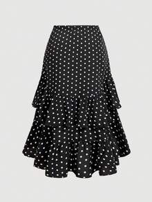 SHEIN MOD 大尺碼女款波點百褶休閒百搭日常穿著裙 - 黑與白 - 查看 6