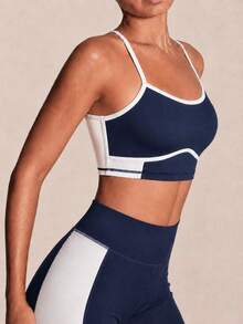 SHEIN BAE Blue And White Contrasting Patchwork Strips Hollow High Waist Women Sports Sets Athletic Two Piece Set Navy Workout Set Sports Bra And Shorts Set Yoga Set Shorts Two Piece Set Women Workout - Navy Blue - View 5