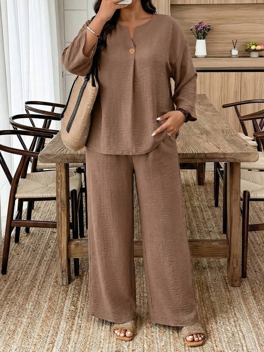 Weeklong Plus Size Women's Spring/Summer Notch Neck Stud Button Decor Casual Vacation Set - Brown - View 1
