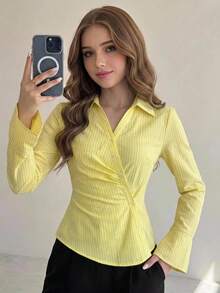 SHEIN Teen Girl Elegant Yellow Summer Striped Shirt,Graduation Back To School Outfit,Woven Lapel Button Front Asymmetric Hem Ruched Loose Casual Blouse - Yellow - View 2