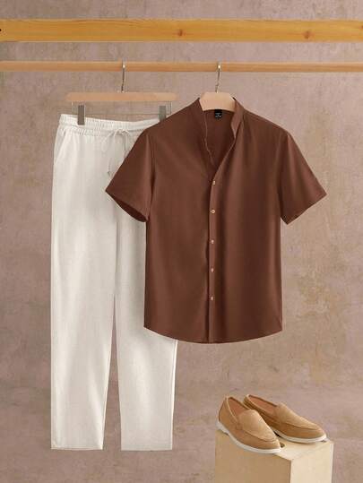 Manfinity VCAY 2pcs/Set Men's Woven Linen Fitted Regular Shoulder Lapel Short Sleeve Casual Shirt Set