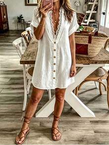 Travachic Women's Textured Lace Patchwork Button Vacation Dress - White - View 7