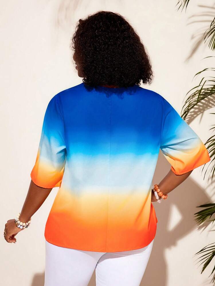 BrightlyHer Plus Size Women's Notched V-Neck Gradient Color Casual Versatile Daily Wear Blouse Summer Tops  For Women Vacation Outfits Women Holiday Outfits - Multicolor - View 2