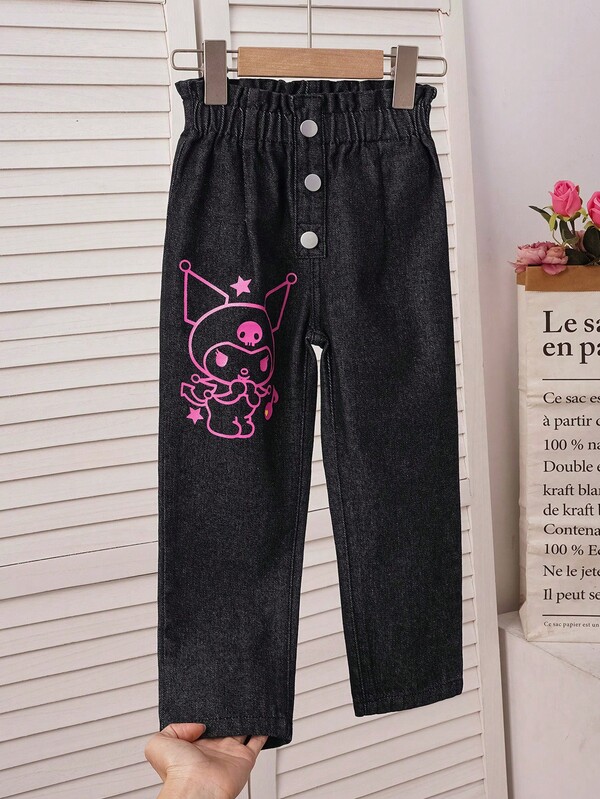 HELLO KITTY AND FRIENDS | SHEIN Young Girl Cartoon Print Button Design Casual Denim Jeans