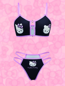 HELLO KITTY AND FRIENDS | SHEIN Women's Cartoon Print Hollow Design Lingerie Set - Black - View 1
