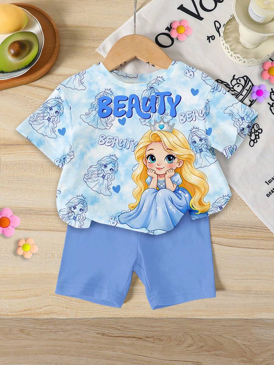 Summer Baby Girl Casual Multi-Piece Set, Brown & Apricot Leopard Print Cartoon Rabbit Pattern, Round Neck Short Sleeve T-Shirt & Shorts - Multicolor - View 1